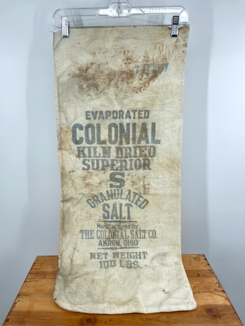 Vintage Colonial Salt Sack – Akron Ohio – 100 lb Cloth Grain Bag – 14.5” x 36”